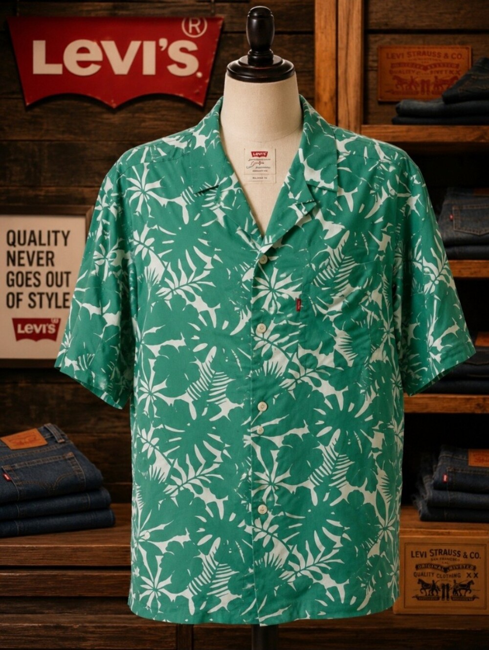 Levi's XXL Relaxed Hawaiian Camp Shirt Green Floral Tropical Button Front